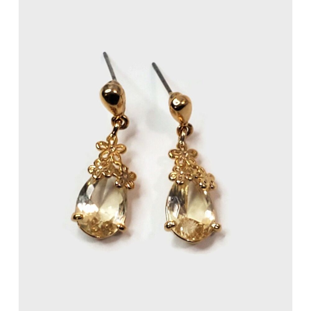Yellow Glass Stone Gold Tone Flower Cluster Earrings
